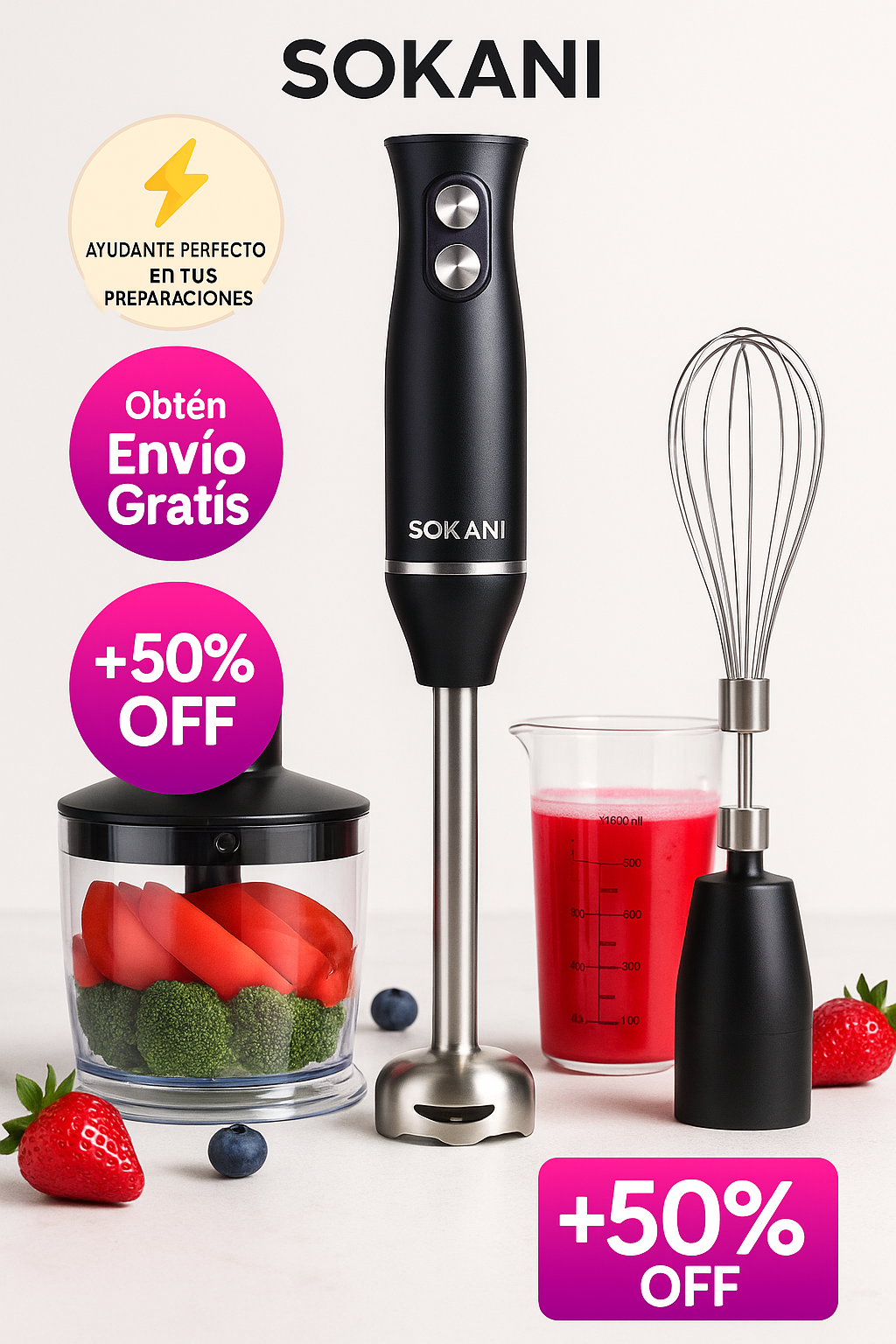 🖤 Batidora Sokani 4 en 1 de Acero Inoxidable