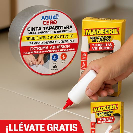 GANGA! Cinta Tapagoteras AGUACERO™ y llévate GRATIS el Renovador de Juntas MADECRIL™.